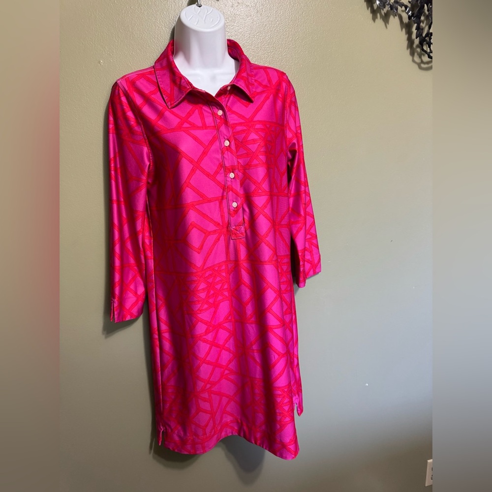 Vineyard Vines Sankaty Bamboo Lattice Margoโ Shirt Dress Stretch Pink Red Medium